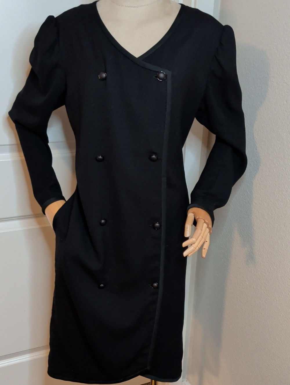Vintage 80s Jane Andre I Magnin Black Wool Coat Dress Double Breasted SZ 10